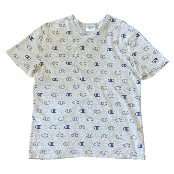 Champion Heritage All-Over Logo Short Sleeve Tee in Gray/Blue Men’s Medium - Picture 2 of 5